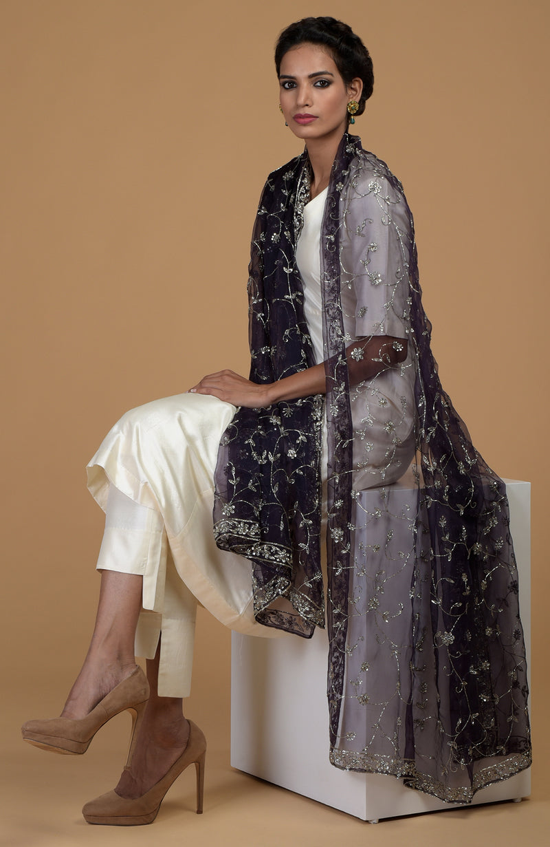 Eclipse Blue Zardozi Hand Embroidered Dupatta with Suit
