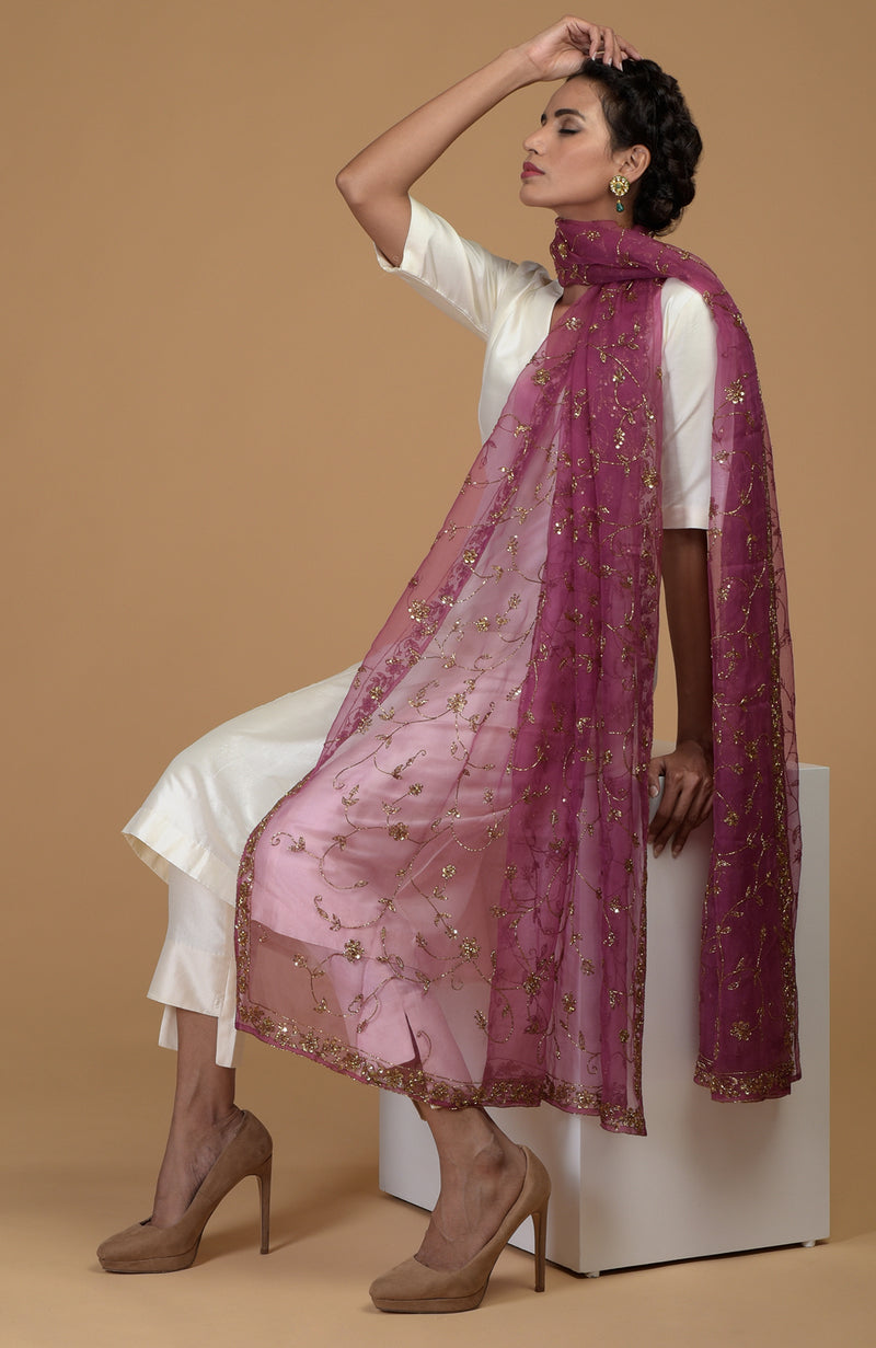 Peacock Pink Zardozi Hand Embroidered Dupatta With Suit