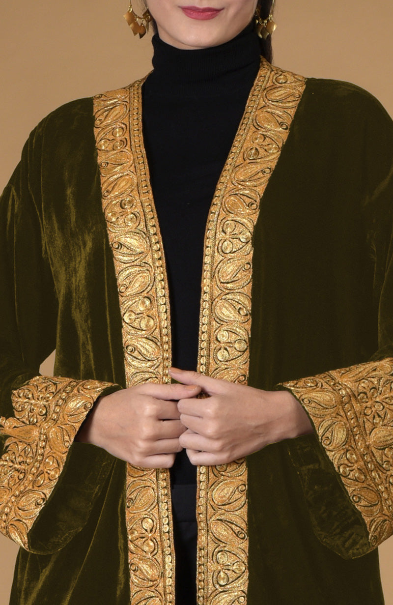 Olive Kashmiri Tilla Embroidered Kimono Jacket