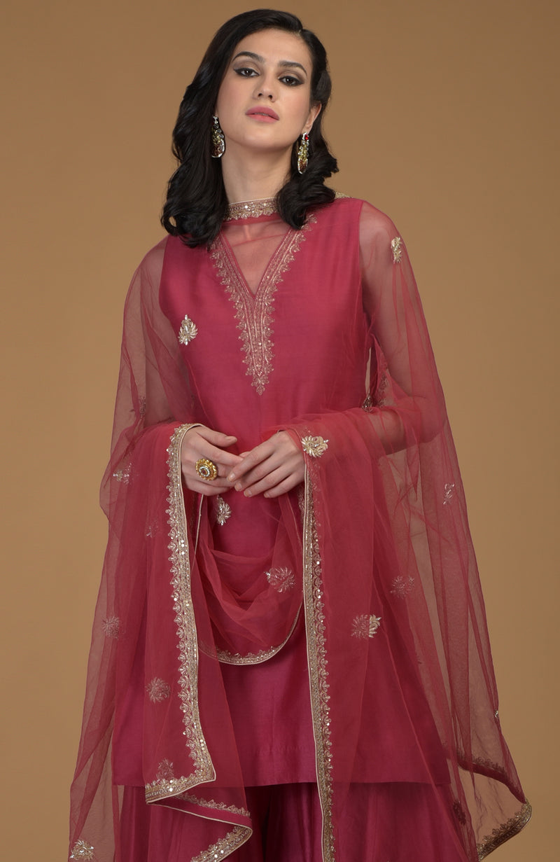 Ruby Red Zardozi Hand Embroidered Gharara Suit