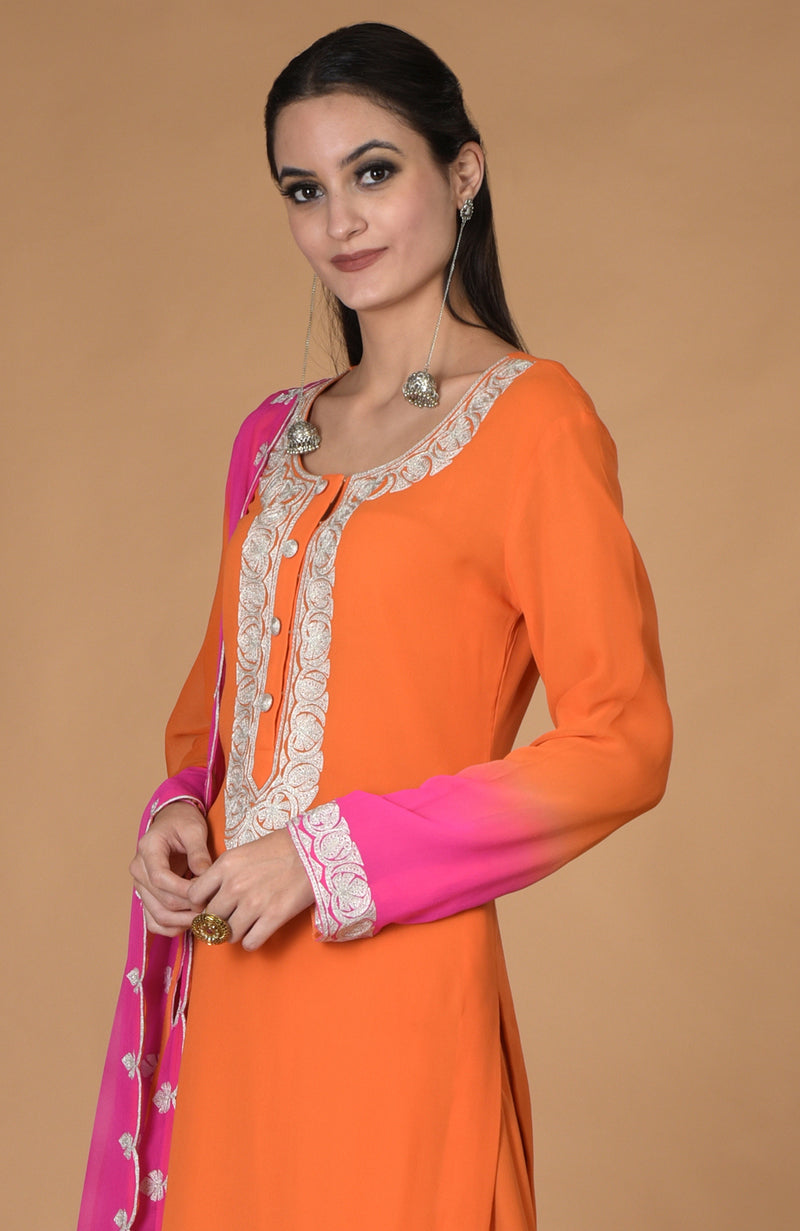Pink Cotton Embroidered Party Wear Kurti -