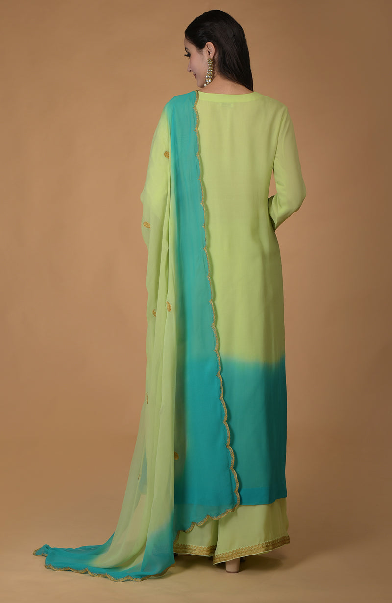 Mint Green-Turquoise Ombre Tilla Embroidered Kurta Set