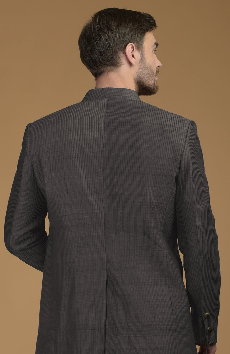 Charcoal Grey Pintuck Raw Silk Bandhgala Jacket