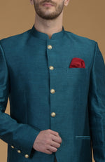 Peacock Blue Linen Silk Bandhgala Jacket
