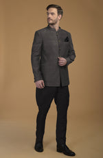 Charcoal Grey Pintuck Pure Raw Silk Bandhgala Jacket Set