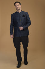 Orion Blue Pintuck Pure Raw Silk Bandhgala Jacket Set