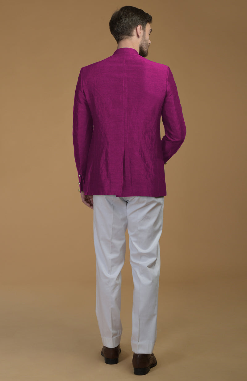 Peacock Pink Linen Silk Bandhgala Jacket