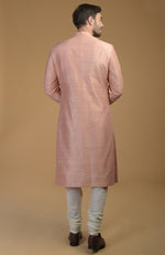On Her: Pale Peach Kashmiri Tilla Embroidered Kurta Set | On Him: Blush Raw Silk Achkan Sherwani Set