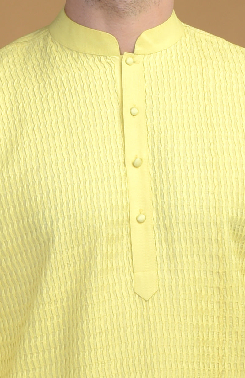 Lemon Yellow Kurta With Pintuck & Kantha Detail