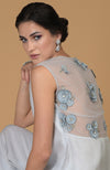 Ash Blue Laser Flower Organza Tunic And Pants