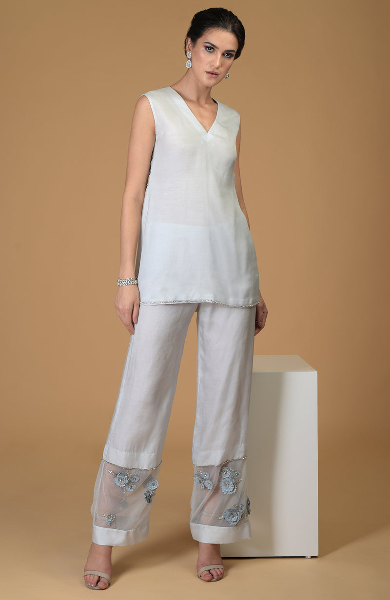 Ash Blue Laser Flower Organza Tunic And Pants