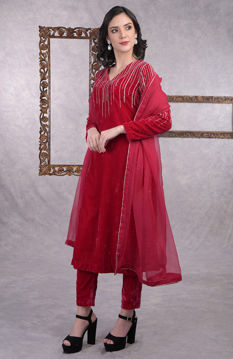 Cherry Red Crystal and Beads Shower Hand Embroidered Kurta Set