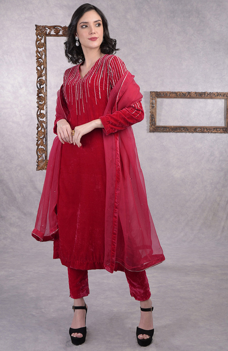 Cherry Red Crystal and Beads Shower Hand Embroidered Kurta Set
