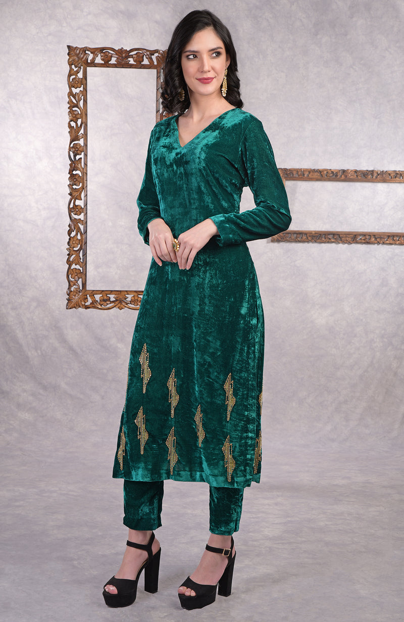 Teal Gilded Beads and Sequin Hand Embroidered Kurta Set