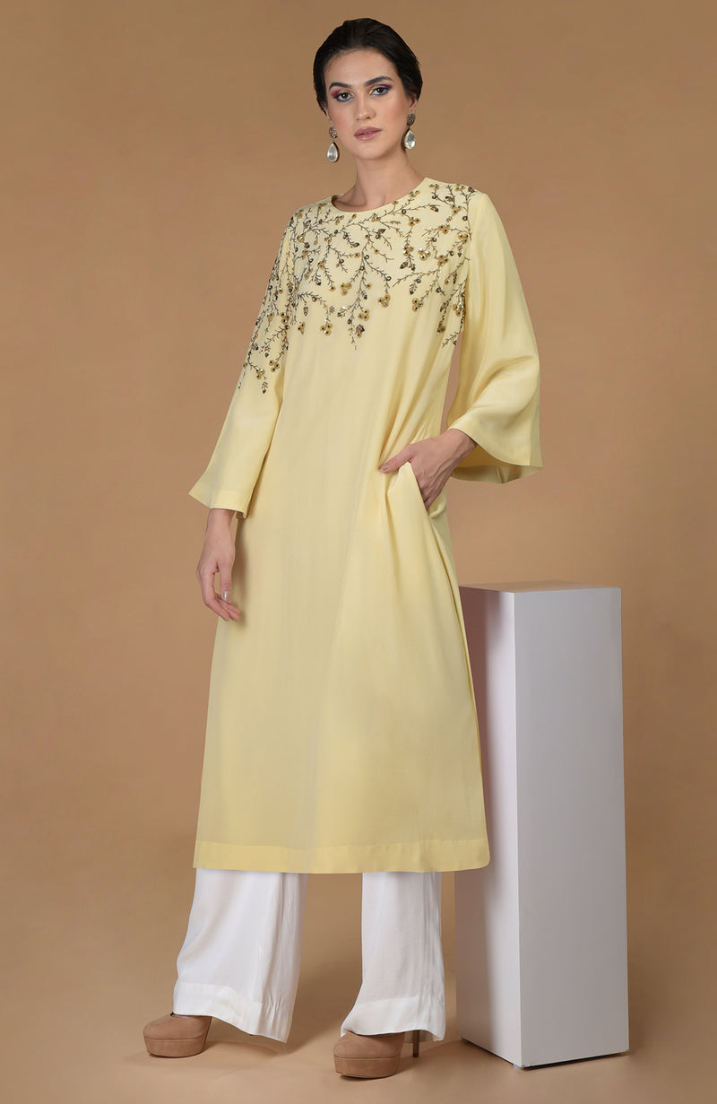 Dainty Floral Lemon Spring Hand Embroidered Tunic