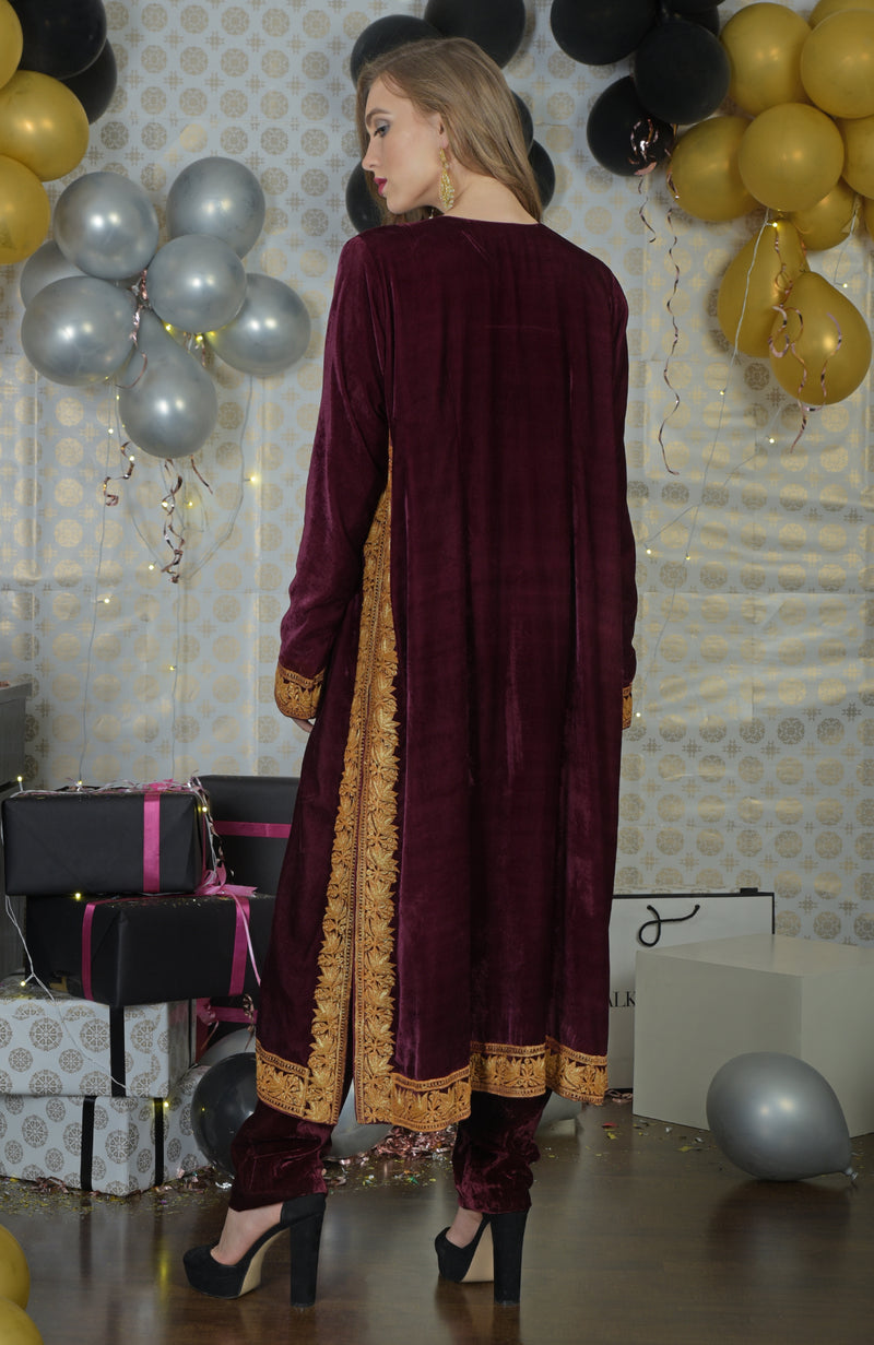 Burgundy Kashmir Tilla Embroidered Kurta Set With Dupatta
