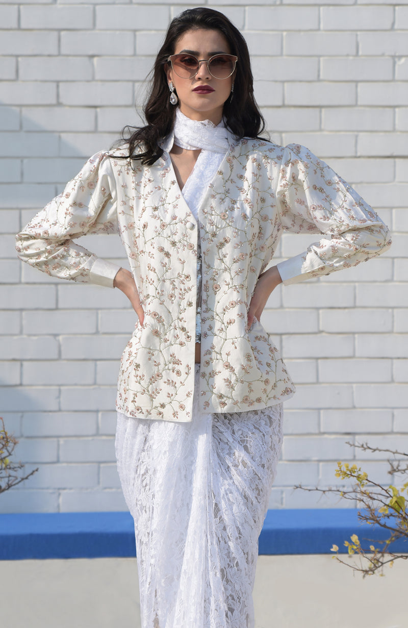 Snowberry Sequined Ivory-Pink Hand Embroidered Structured Jacket