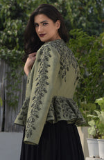Dark Foliage Sequin Hand Embroidered Structured Peplum Jacket