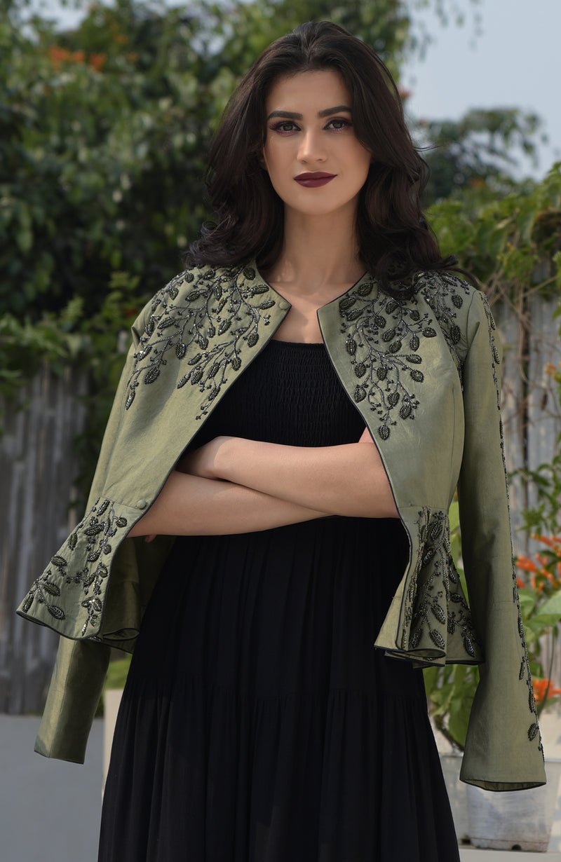 Dark Foliage Sequin Hand Embroidered Structured Peplum Jacket