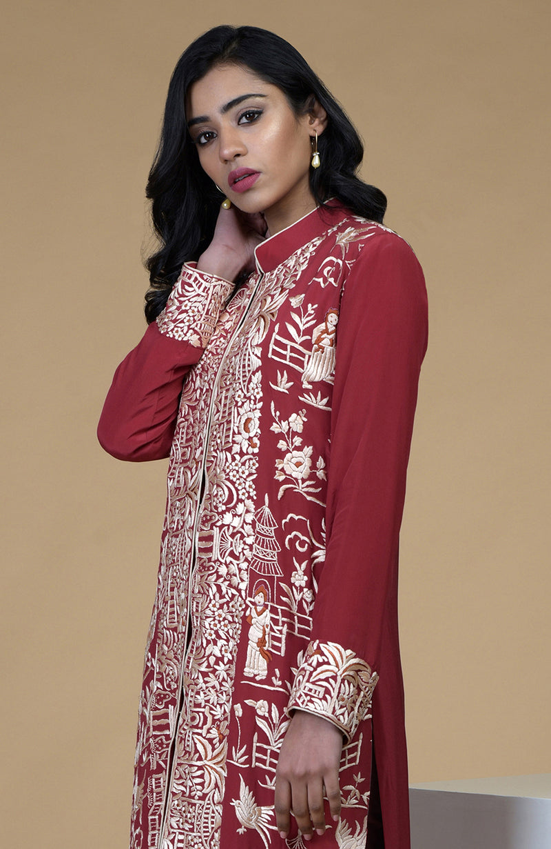 Shiraz Red Parsi Gara Embroidered Jacket Set