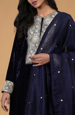 Midnight Blue Silver Kashmiri Tilla Embroidered Kurta Set With Dupatta