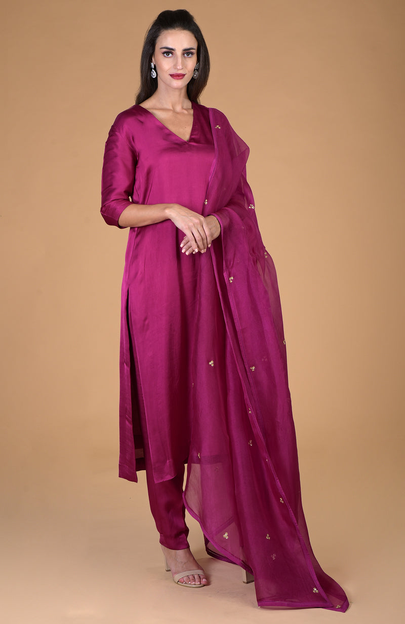Peacock Pink Modal Suit With Beads Sequin Organza Dupatta
